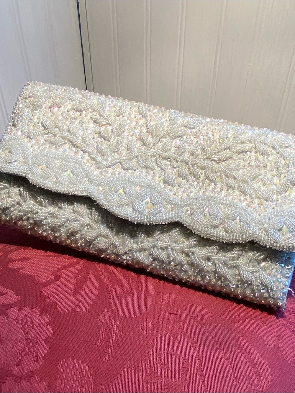 Vintage hand beaded clutch with pale blue silk lining